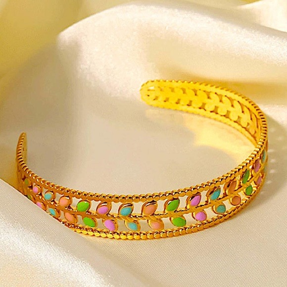 Gold Plated Leaf Design Multicolor Bangle Bracelet Ring Set - Picture 11 of 15